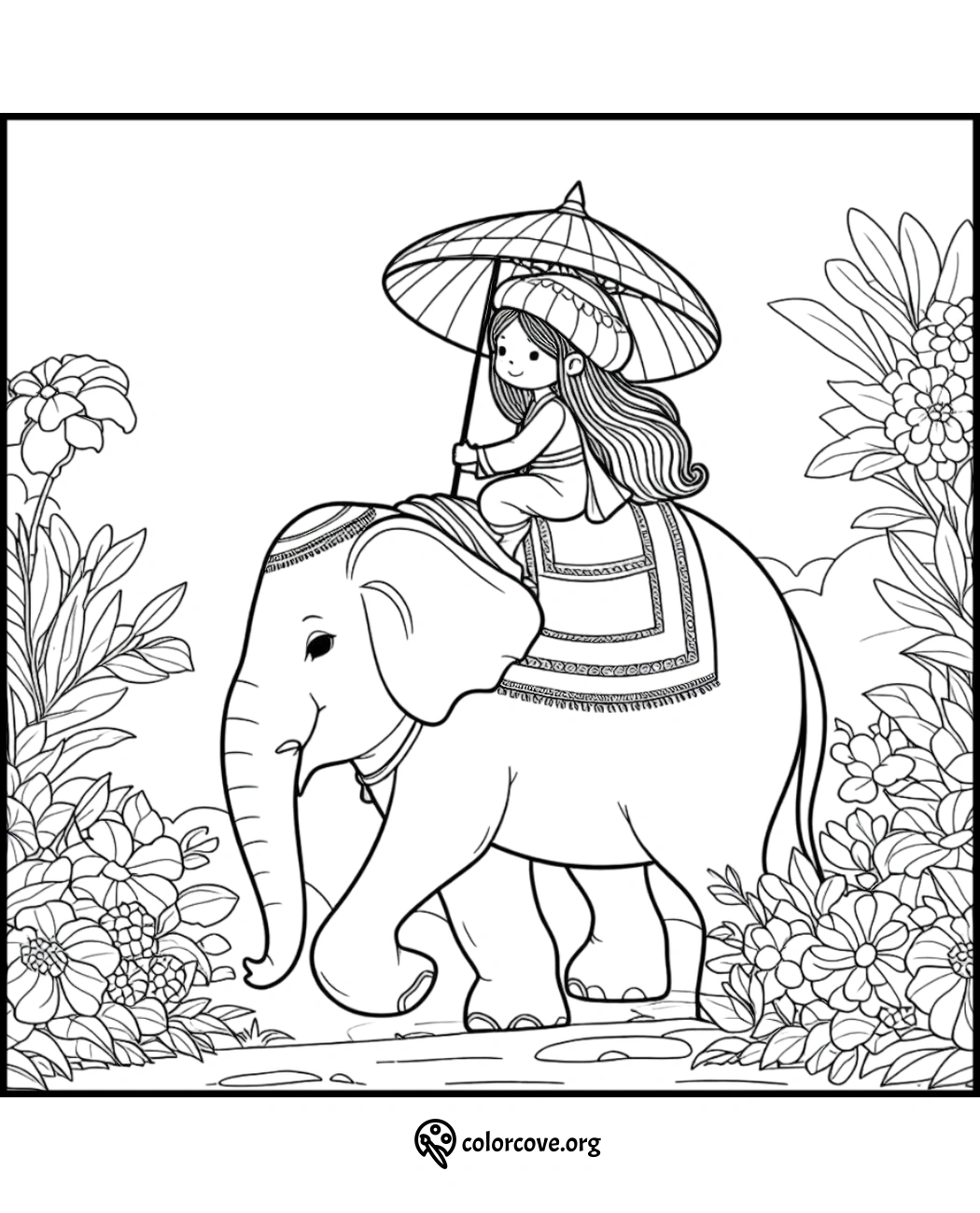 Coloring page of a girl riding an elephant while holding an umbrella, surrounded by flowers and foliage.