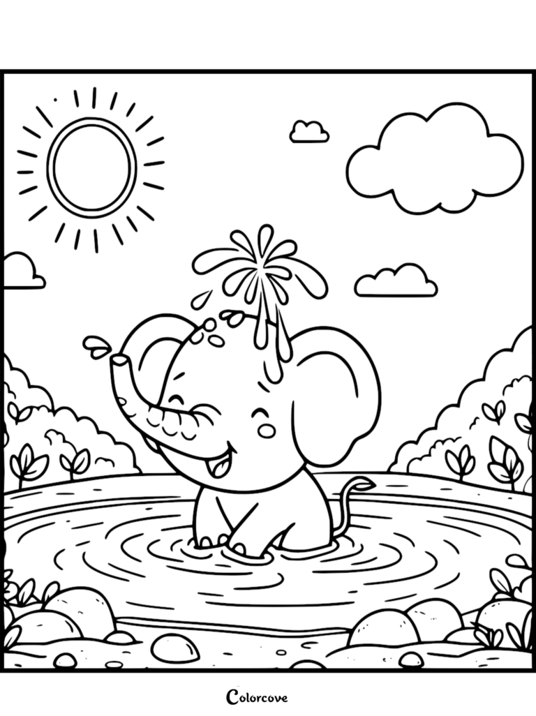 Un mignon Bébé éléphant vaporisant de l'eau de sa Trompe tout en étant assis dans un étang, fond de ciel ensoleillé, page de coloriage à imprimer.