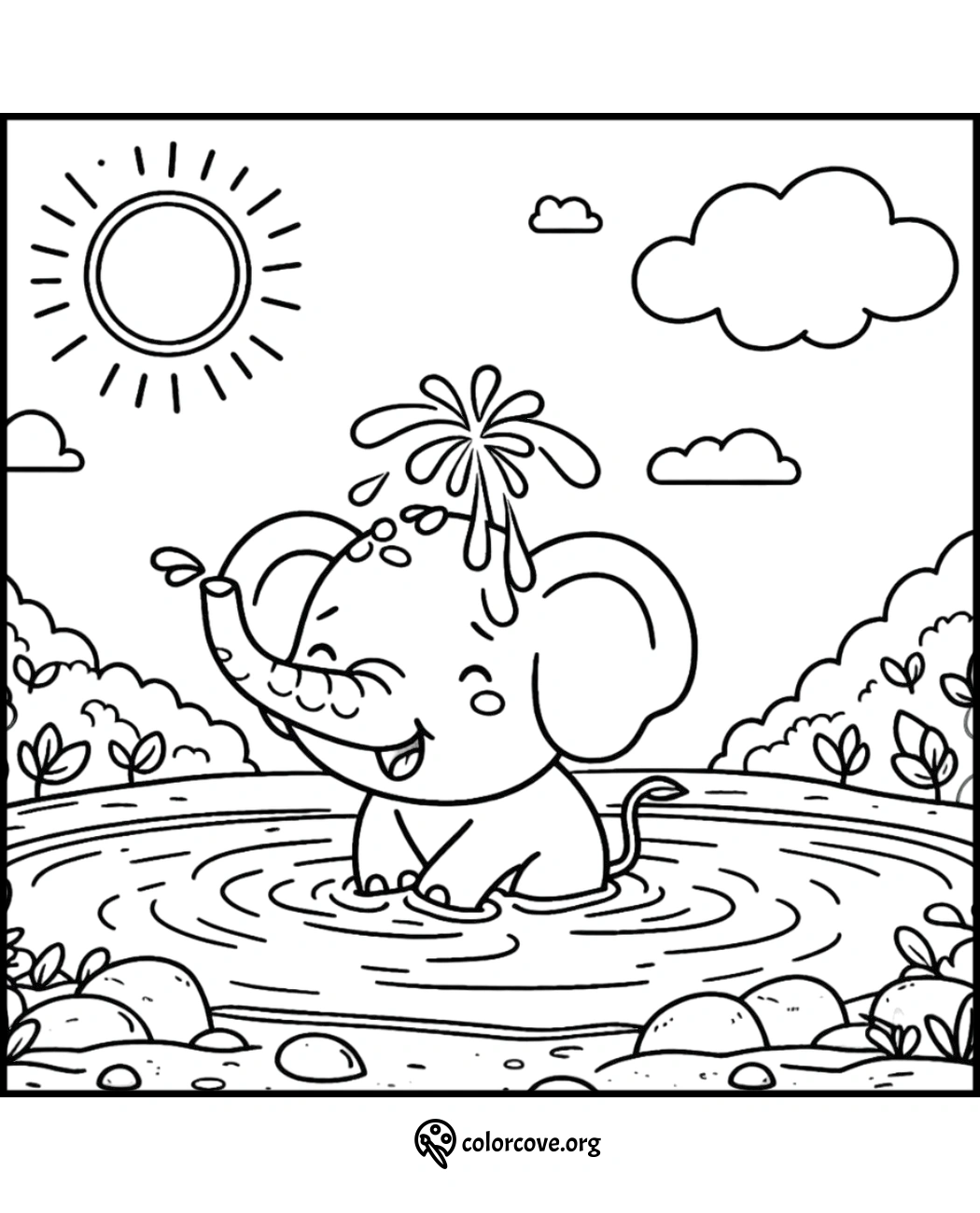 Cute elephant splashing water in a pond coloring page for kids. Fun educational activity for preschoolers.