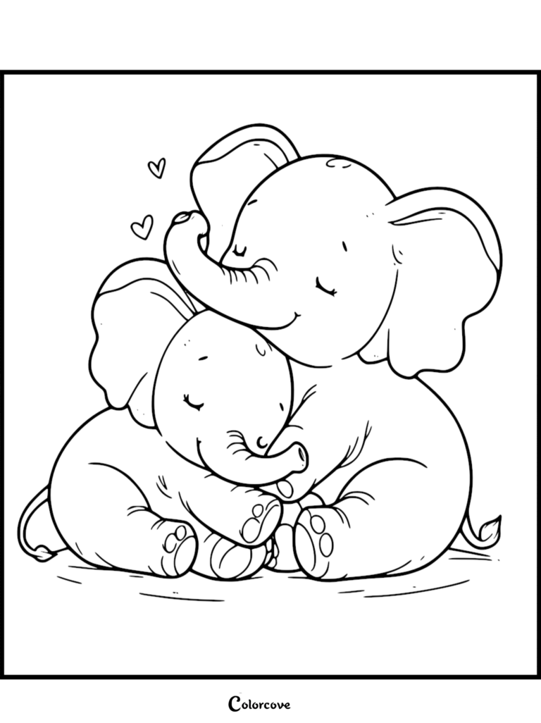 Une page de coloriage mignonne d'Éléphant mettant en vedette une mère Éléphant câlinant doucement son Bébé éléphant avec deux petits cœurs flottant au-dessus d'eux.