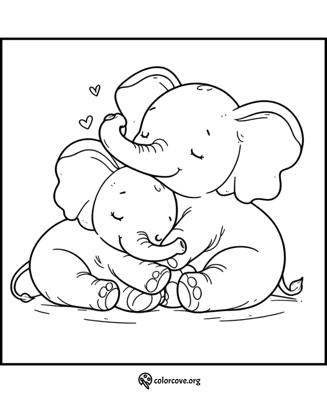 Cute elephant mother and baby hugging coloring page for kids with hearts. Download and print at colorcove.org.