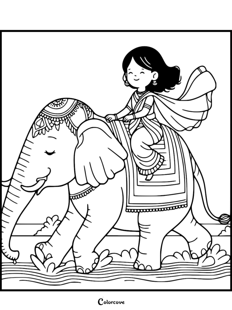 Une fille en sari traditionnel chevauchant un Éléphant décoré dans l'eau dans ce coloriage à imprimer.