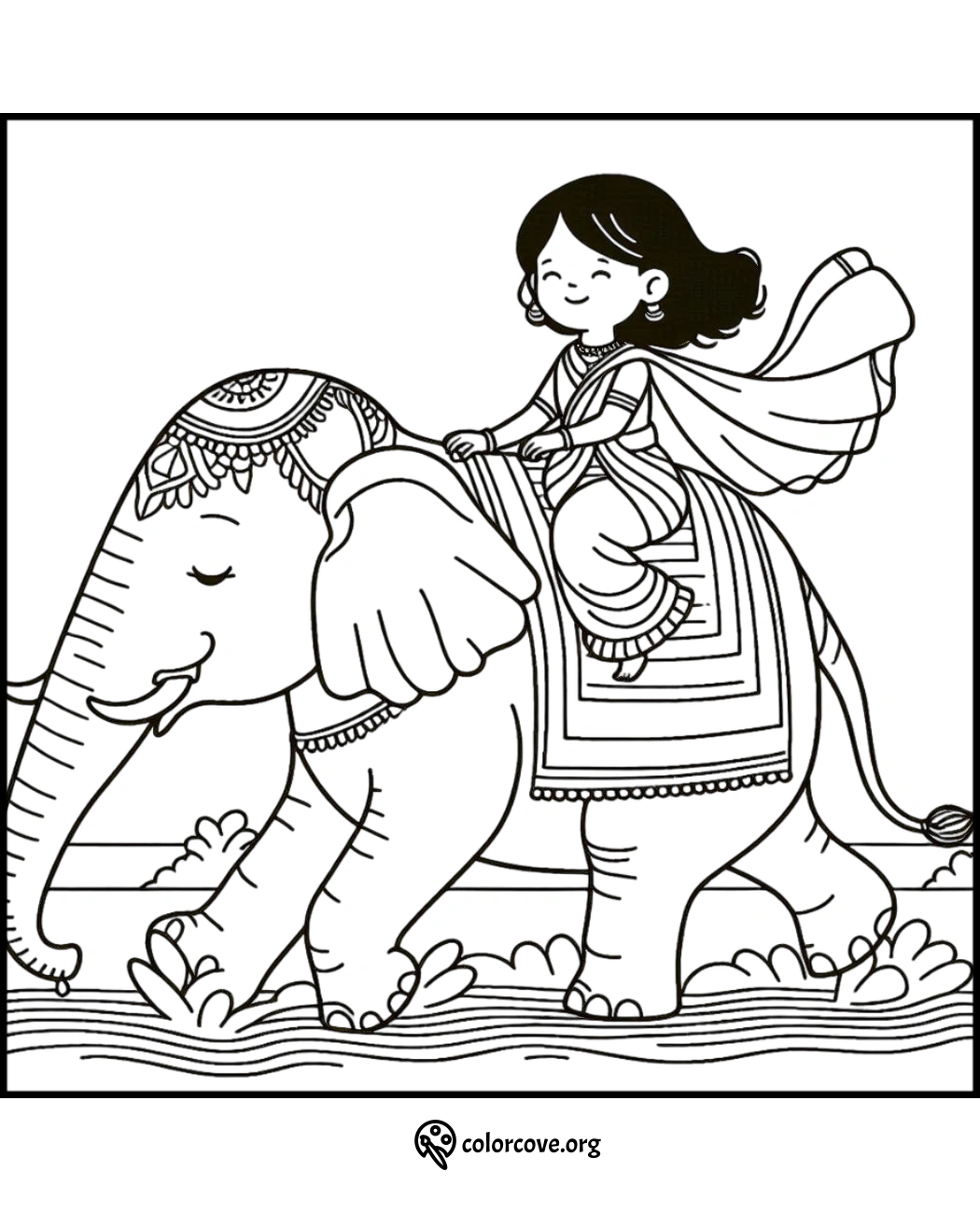 Girl riding an elephant coloring page, featuring traditional attire and intricate patterns, ideal for kids' creative activities.