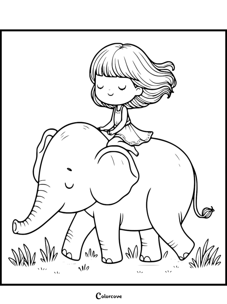 Une fille mignonne aux cheveux longs chevauchant le dos d'un Bébé éléphant amical dans un champ, coloriage à imprimer.