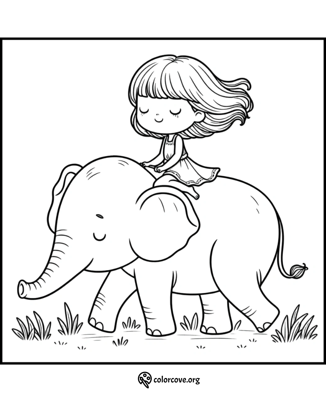 Coloring page: A cute girl with flowing hair rides a happy elephant in a grassy field. Perfect for kids to color.