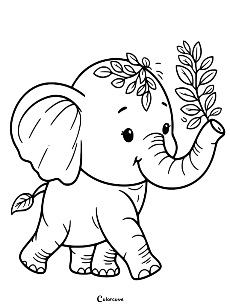 Un coloriage de Bébé éléphant mignon représentant un petit petit avec une branche de feuillage sur la tête et tenant un brin dans sa trompe.