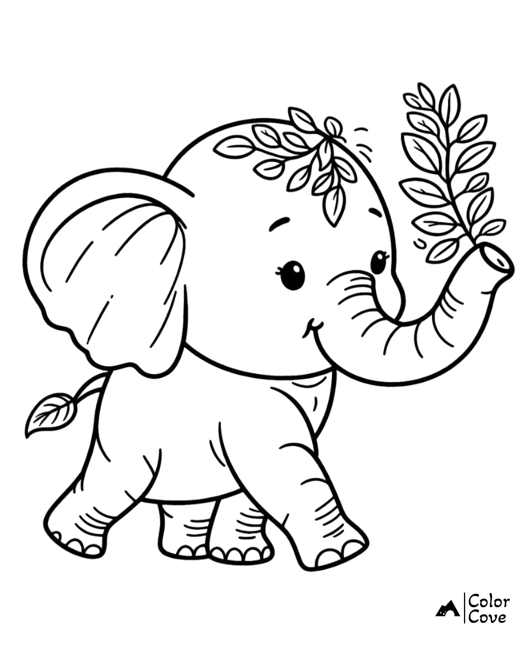 a cartoon of an elephant with a leaf on its nose