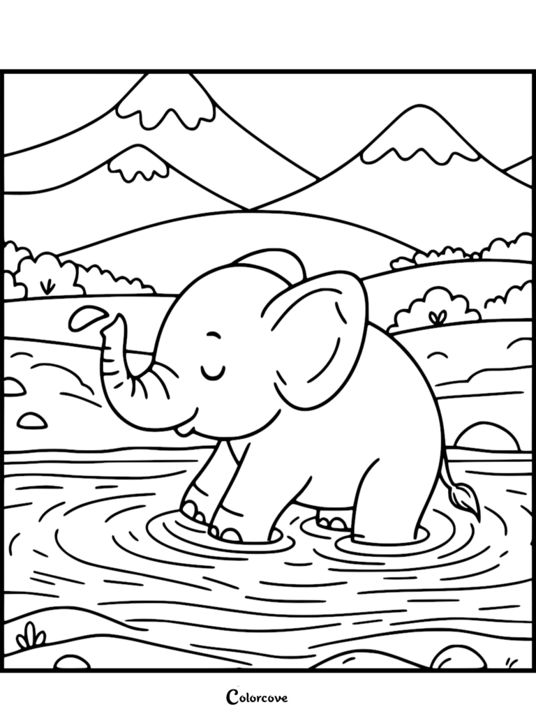 Un mignon Bébé éléphant éclaboussant de l'eau avec sa Trompe dans une rivière, avec des montagnes enneigées en arrière-plan, style art au trait pour page de coloriage.