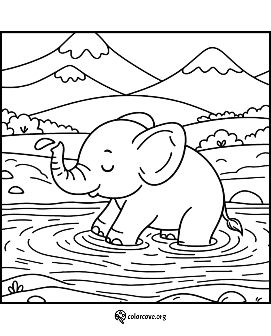 Baby elephant splashing in a river coloring page with mountains and trees in the background. Printable activity for kids.