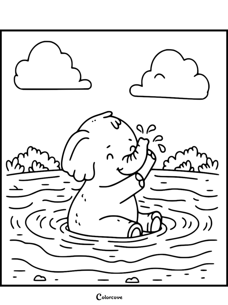 Un mignon Bébé éléphant assis dans un étang et éclaboussant de l'eau avec sa Trompe, présenté dans une page de coloriage simple au trait.