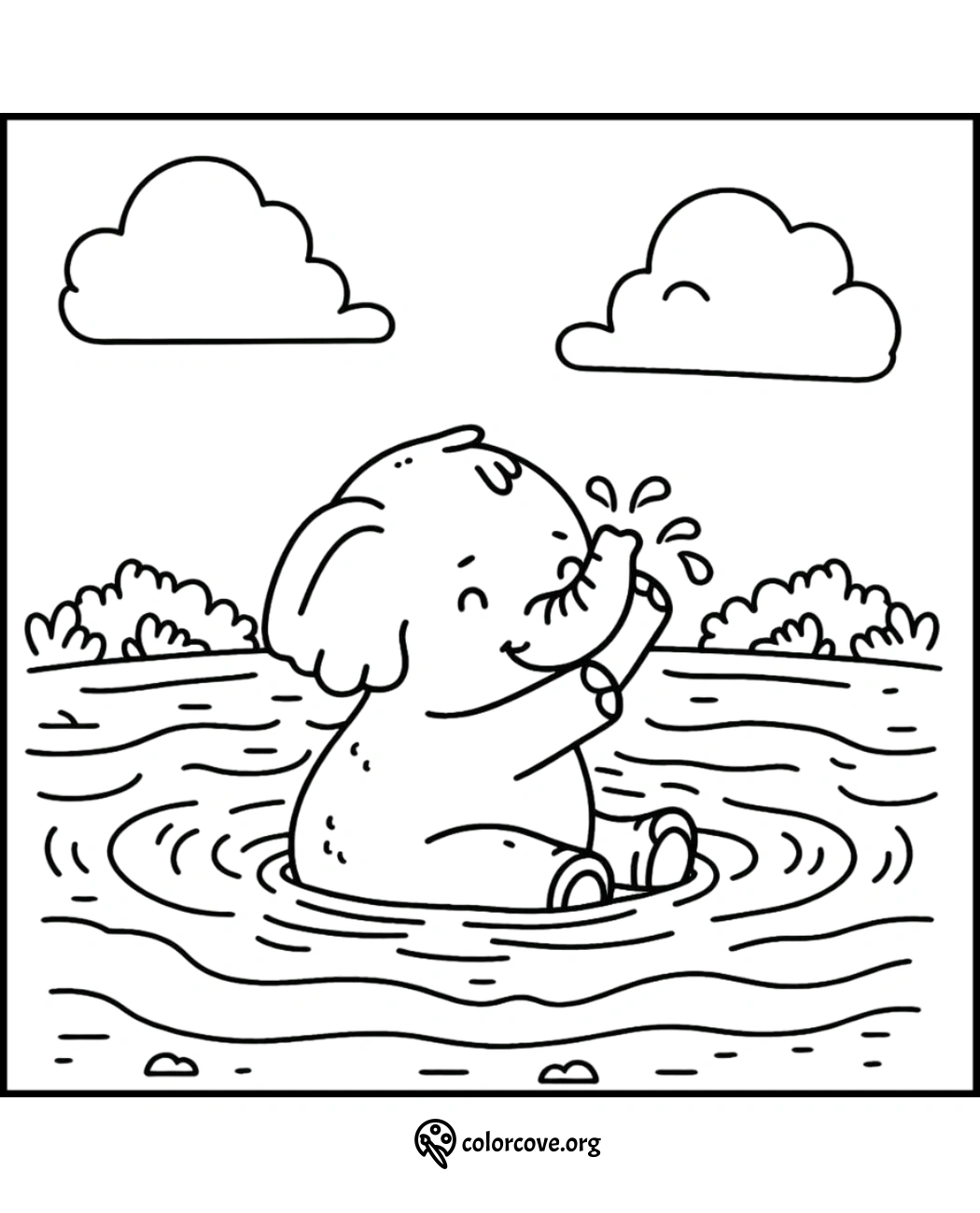 Cute elephant splashing water coloring page, perfect for kids' activity. Free printable download from colorcove.org.