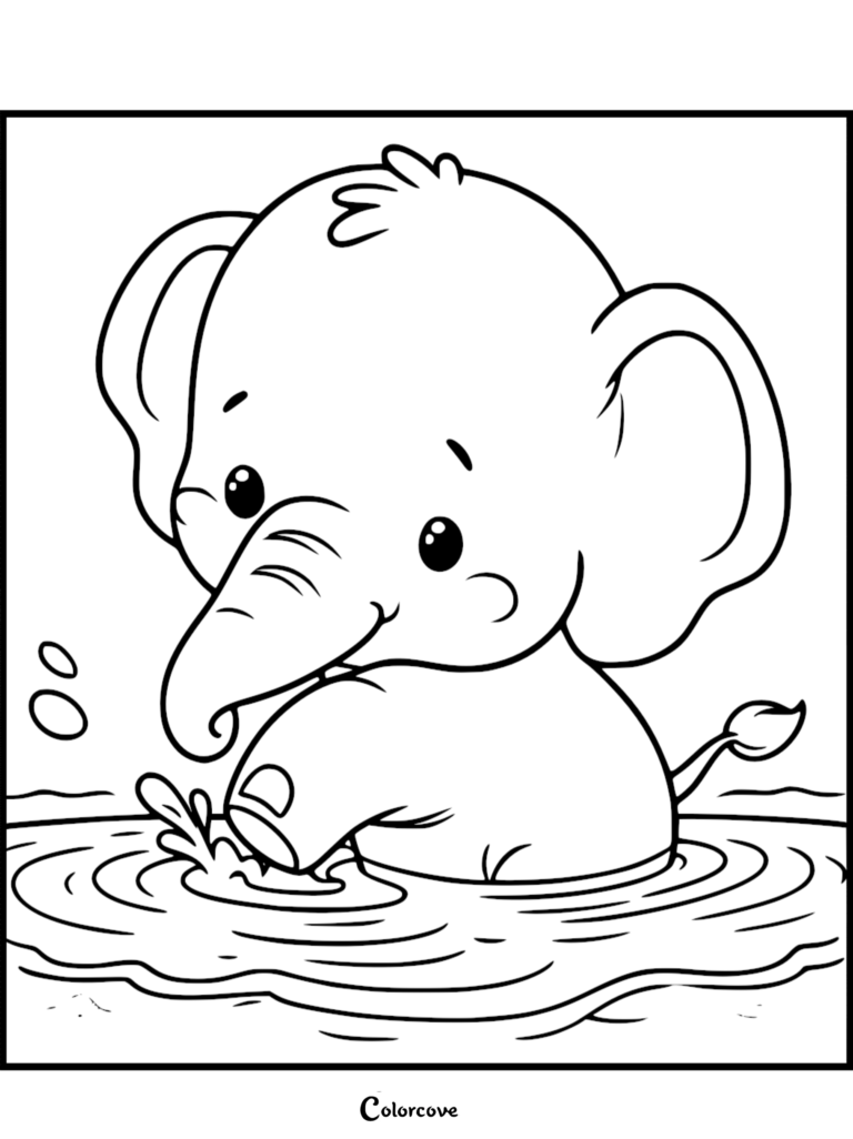 Un mignon Bébé éléphant aux grandes oreilles éclaboussant de l'eau avec sa Trompe dans un étang, page de coloriage au trait.