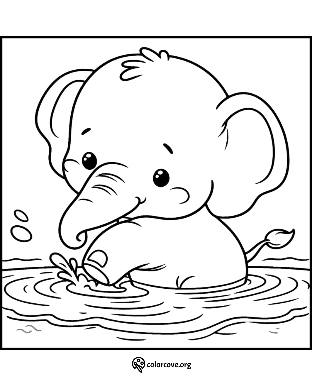 Cute baby elephant splashing in water coloring page for kids to color and enjoy. Great for educational fun activities.