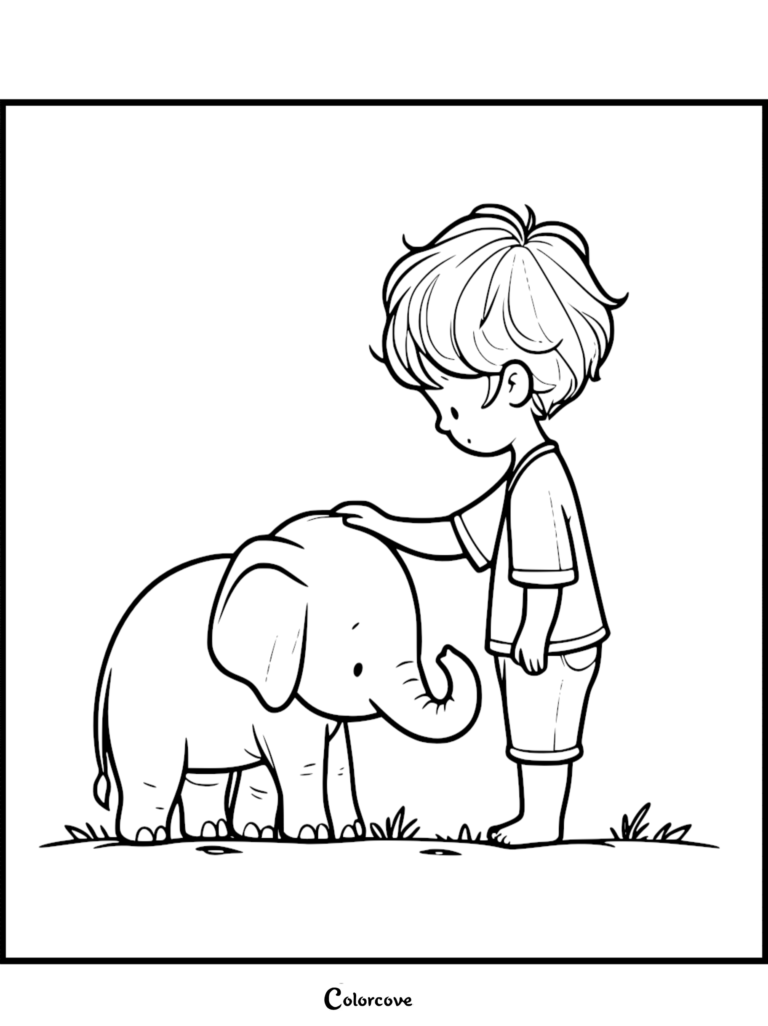 Un jeune garçon aux cheveux ébouriffés caressant doucement un petit Bébé éléphant mignon dans ce coloriage à imprimer.