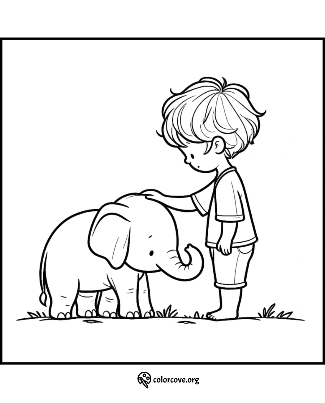 Boy gently petting a baby elephant coloring page for kids. Printable animal friendship activity from colorcove.org.