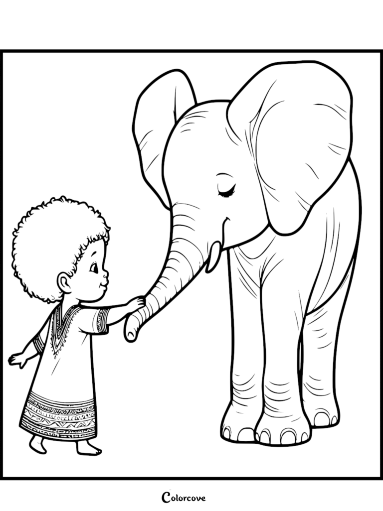 Un jeune enfant aux cheveux bouclés touchant doucement la Trompe d'un Éléphant amical dans ce coloriage à imprimer.
