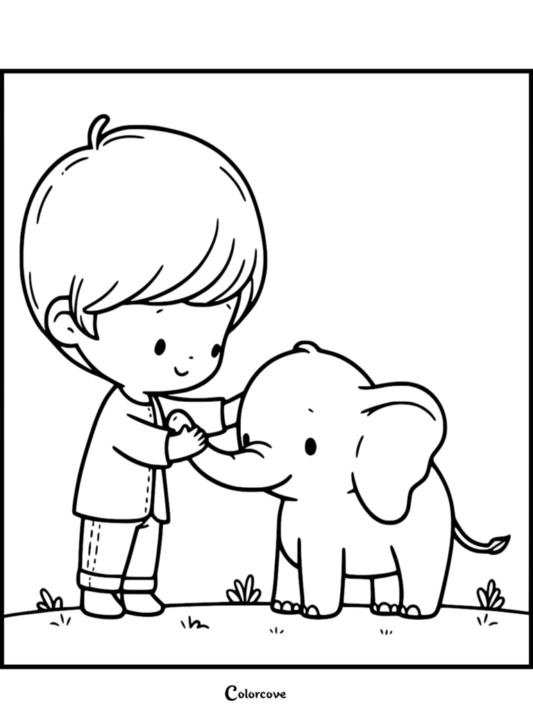 Un petit garçon caressant doucement un petit Éléphant dans un champ herbeux, coloriage en noir et blanc.