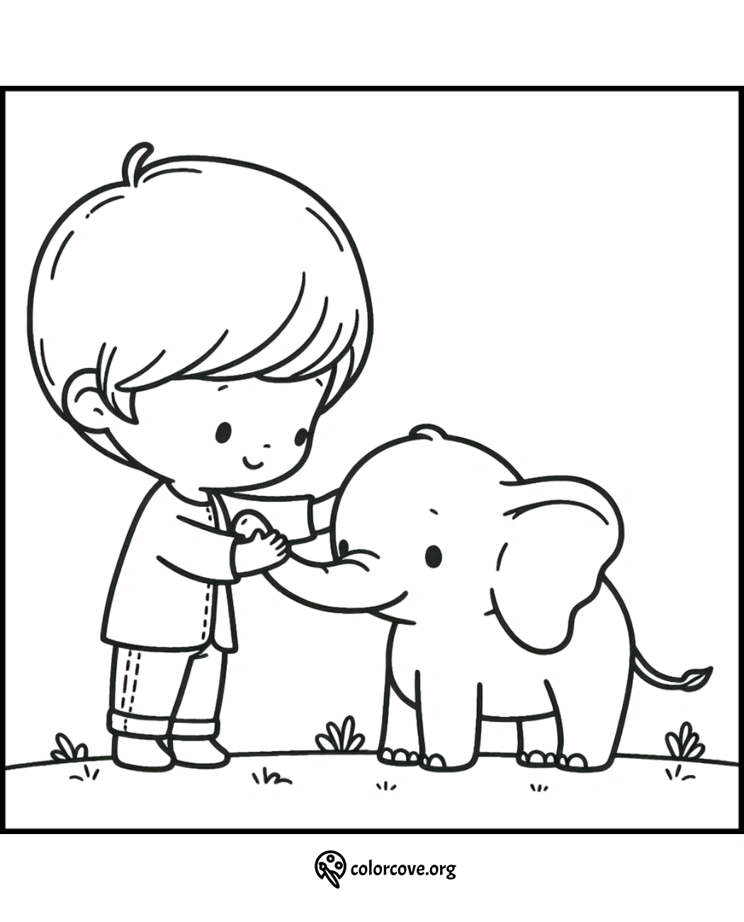 Cute coloring page of a child and baby elephant standing together, holding trunk and hand. Fun, printable, kids' activity.