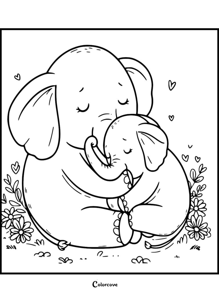 Une maman Éléphant mignonne câlinant son petit veau dans un champ de fleurs, style page de coloriage au trait.
