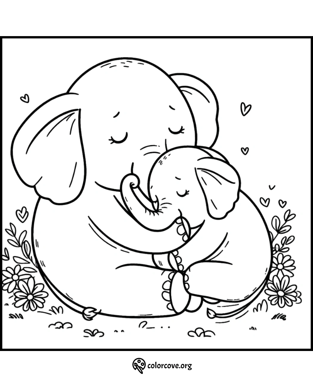 Cute elephant and baby coloring page, perfect for kids. Free printable coloring sheet with playful elephants and flowers.