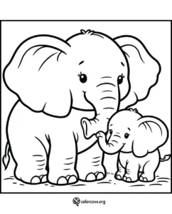 Coloring page featuring a cute elephant mother and baby holding trunks, designed for kids' educational fun.