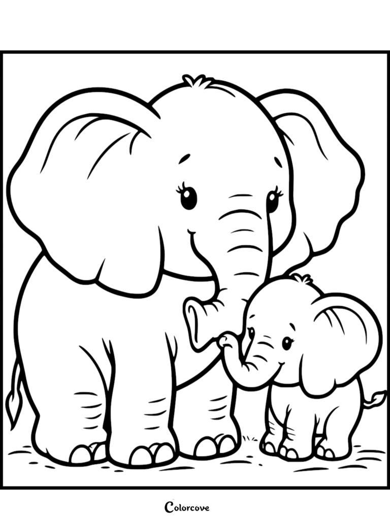 Une maman Éléphant mignonne debout à côté de son petit veau dans cette page de coloriage à imprimer aux contours noirs épais.