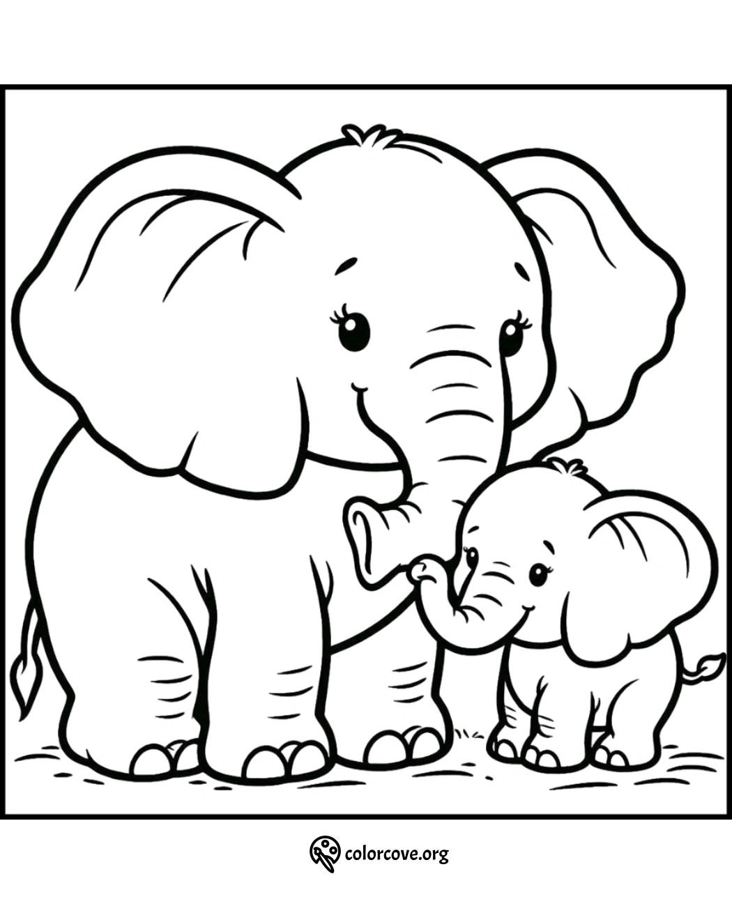 Coloring page featuring a cute elephant mother and baby holding trunks, designed for kids' educational fun.