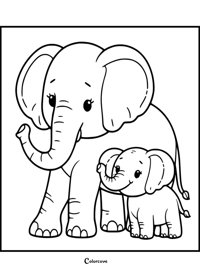Une jolie page de coloriage représentant une mère Éléphant debout de manière protectrice à côté de son petit Bébé éléphant heureux.