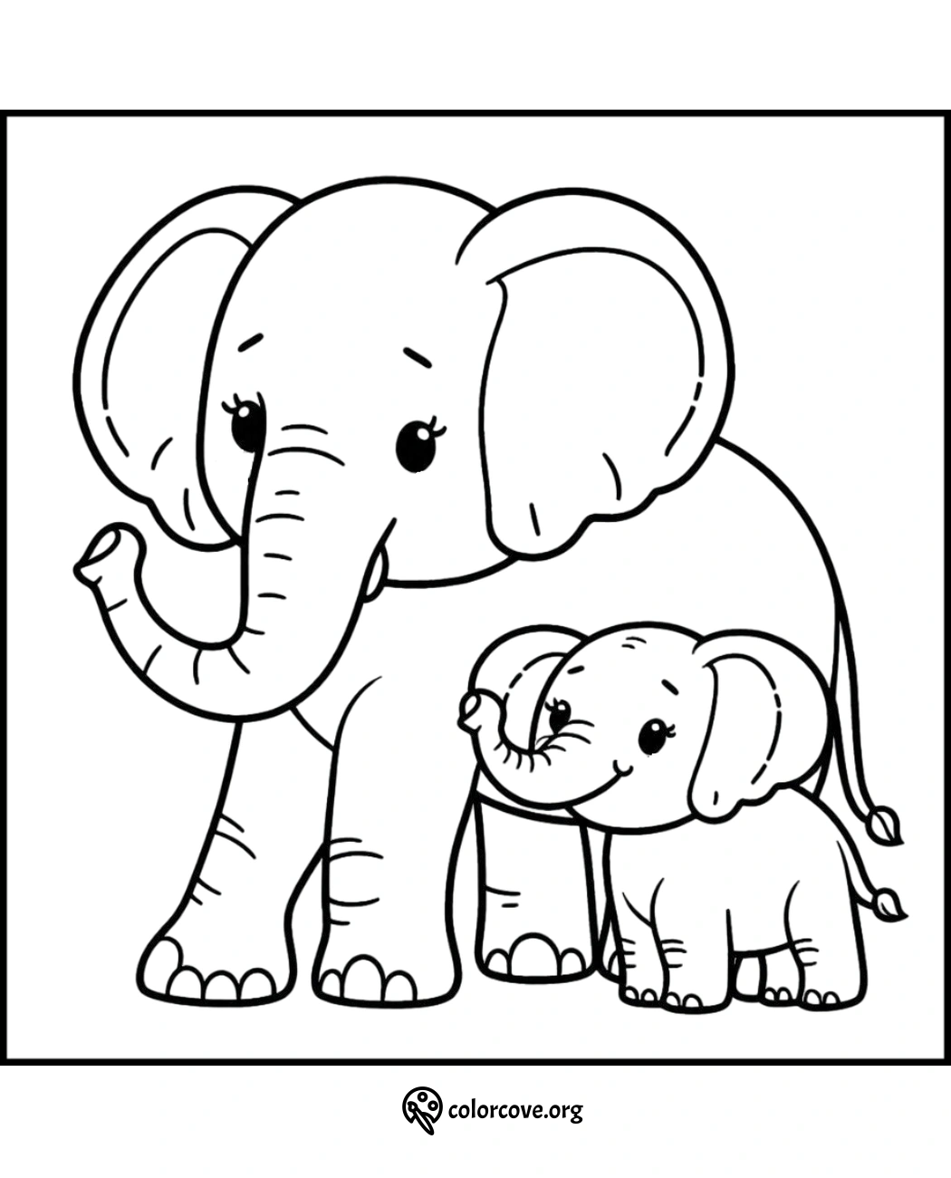 Coloring page featuring a cute elephant mother and baby with gentle expressions, ideal for kids' coloring activities.