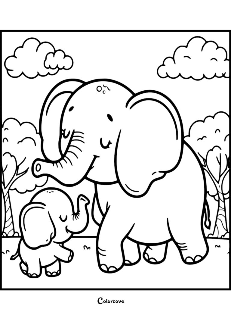 Une maman Éléphant mignonne et son bébé debout dans une forêt, page de coloriage à imprimer pour les enfants.