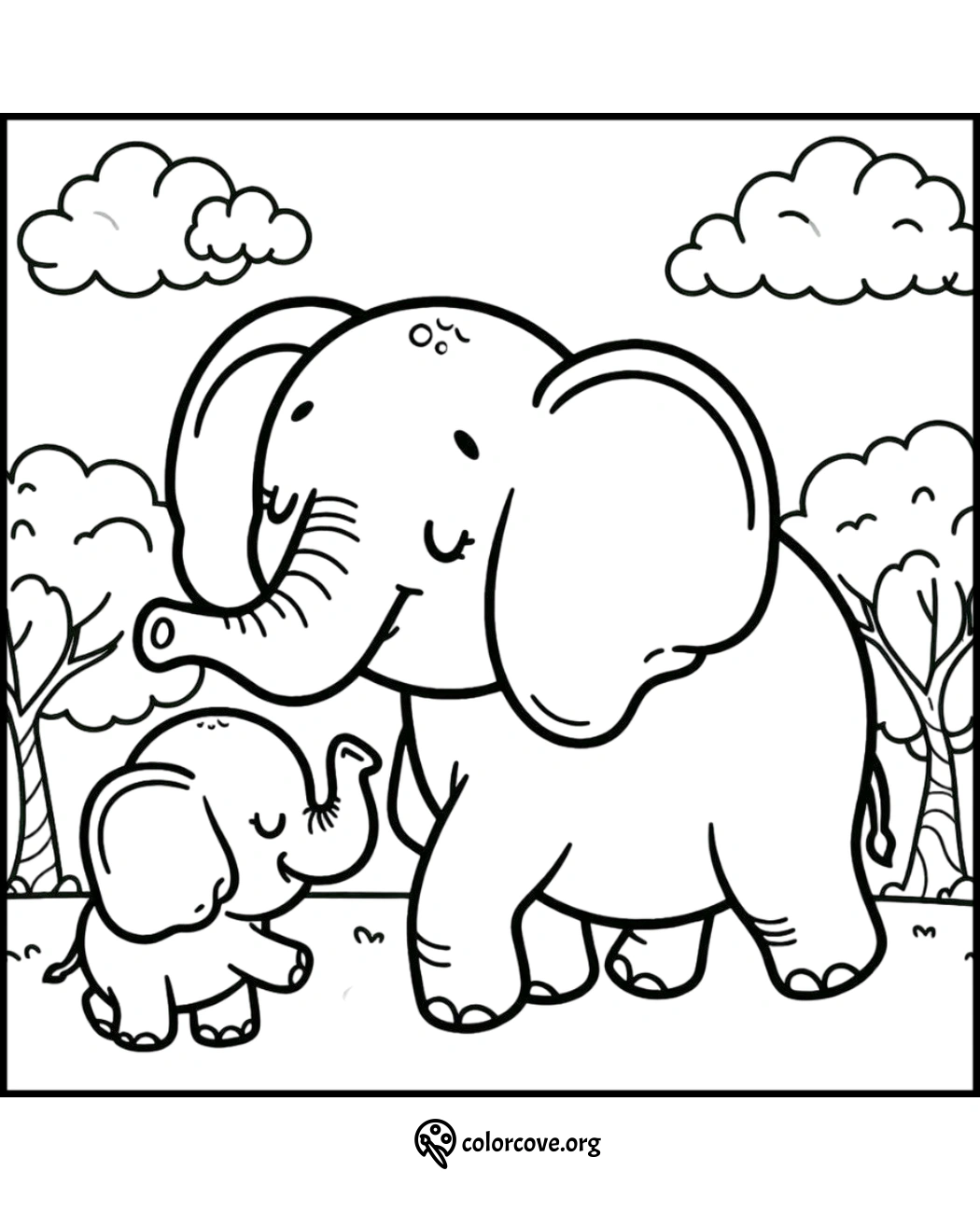 Coloring page of two elephants in a scenic background with clouds and trees, perfect for kids and elephant lovers.