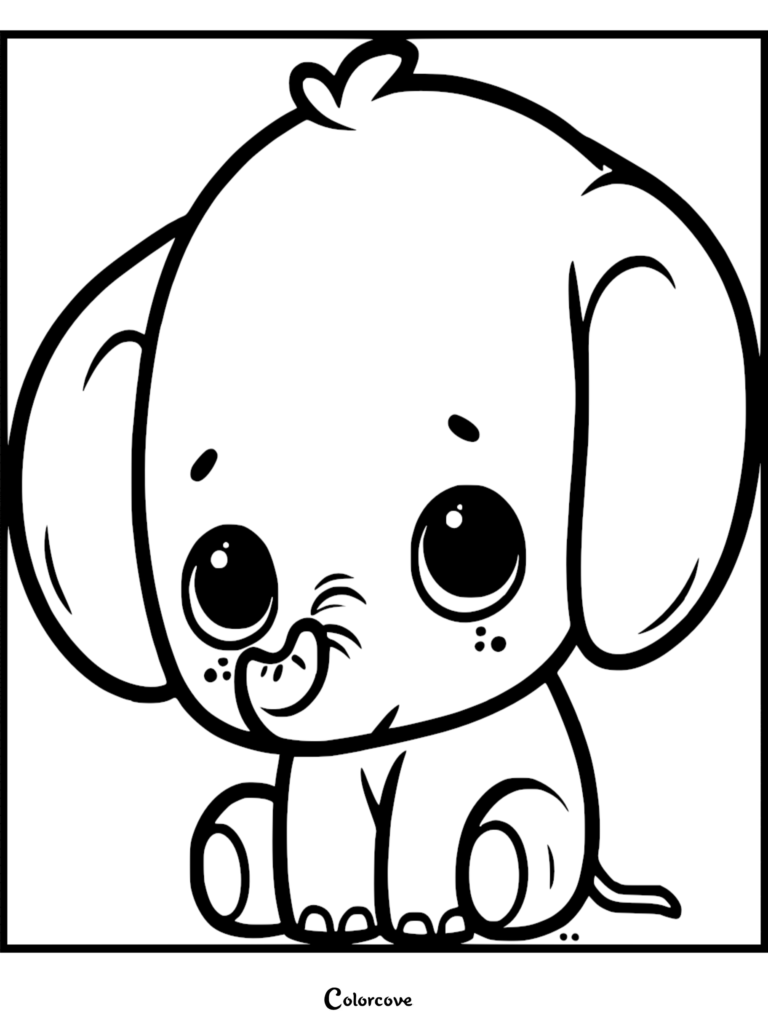 Un Bébé éléphant mignon avec de grands yeux expressifs et une petite trompe assis dans ce coloriage à imprimer.