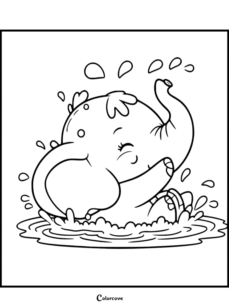 Un mignon Bébé éléphant aux yeux fermés barbotant dans une mare d'eau, représenté dans un style de page de coloriage simple en noir et blanc.