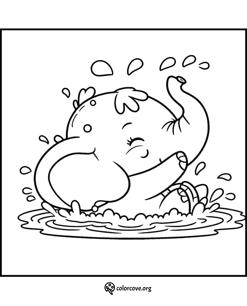 Coloring page of a cute baby elephant splashing water, perfect for kids' coloring activity or printable fun pages.