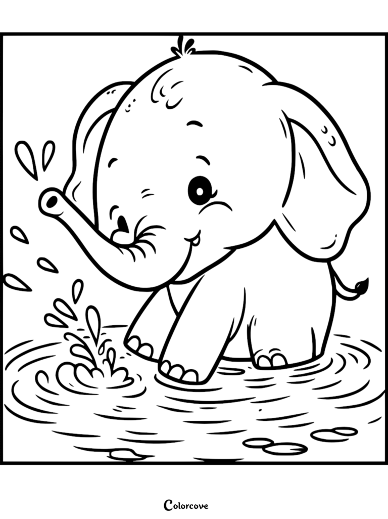 Un mignon Bébé éléphant éclaboussant de l'eau avec sa Trompe dans un étang, page de coloriage au trait pour les enfants.