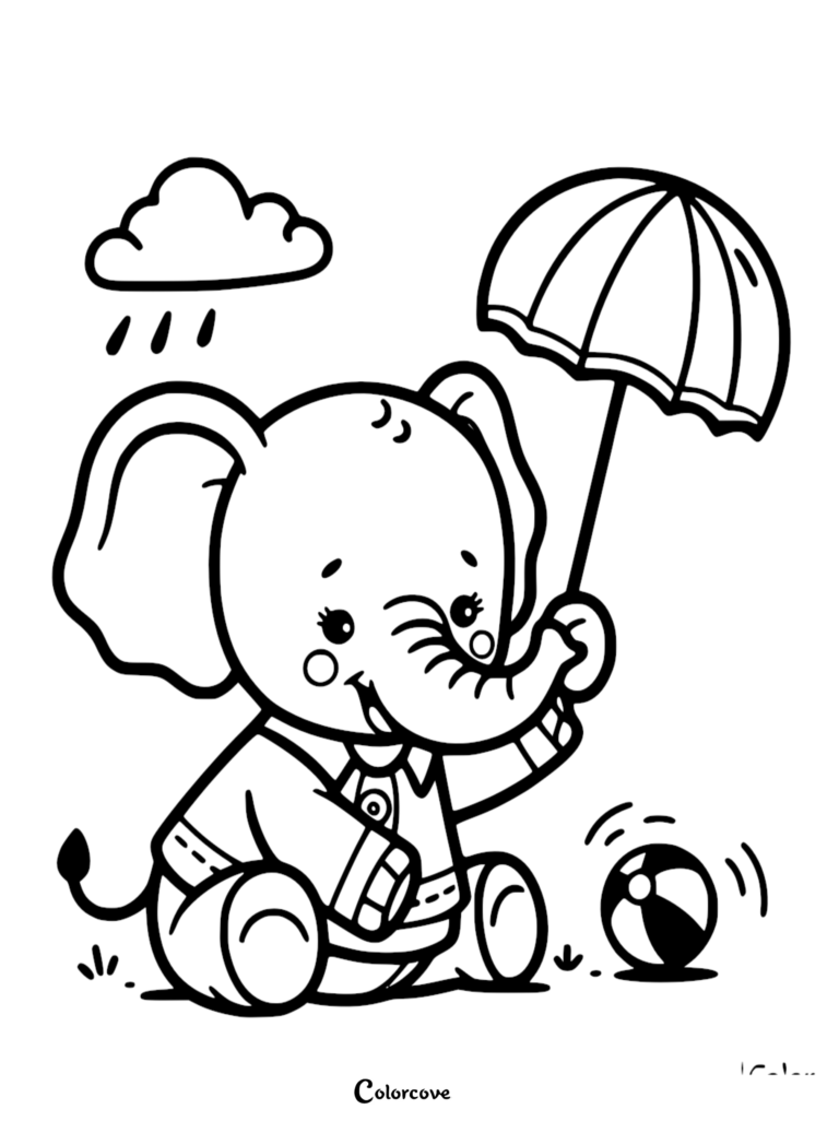 Un Bébé éléphant mignon portant une chemise tenant un parapluie sous un nuage de pluie à côté d'un ballon de plage dans ce coloriage à imprimer.