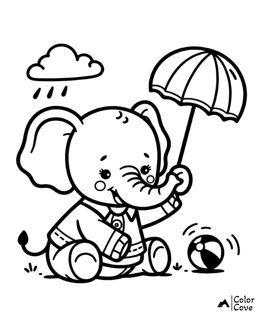 a black and white drawing of a baby elephant holding an umbrella