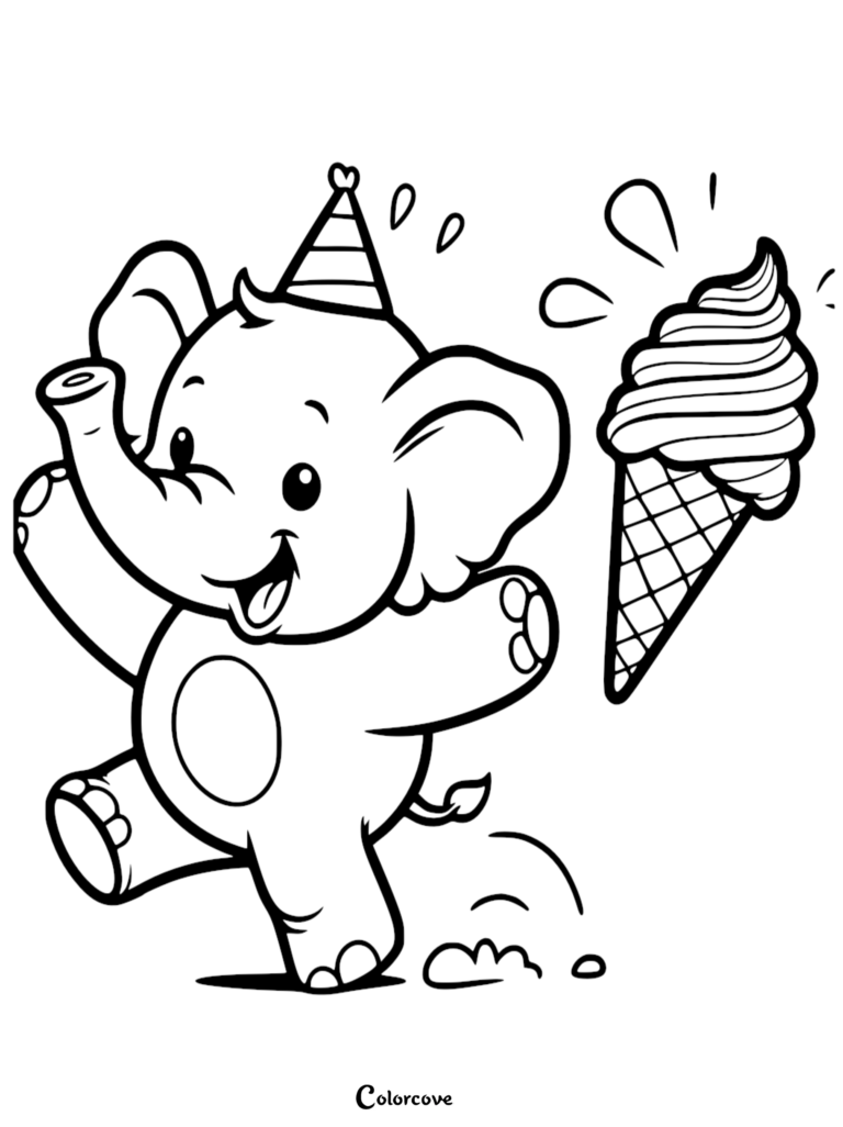 Un Éléphant mignon portant un chapeau de fête sautant joyeusement à côté d'un grand cornet de glace dans ce coloriage à imprimer.