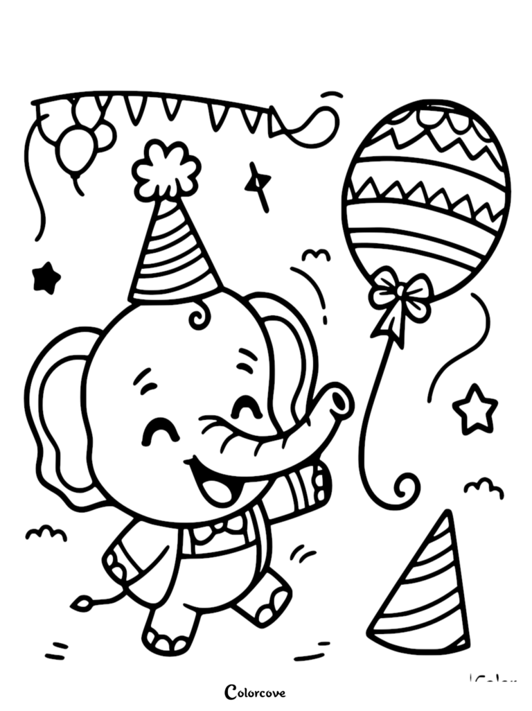 Un Éléphant mignon portant un chapeau de fête et un nœud papillon tenant un ballon à motifs, style de coloriage au trait.