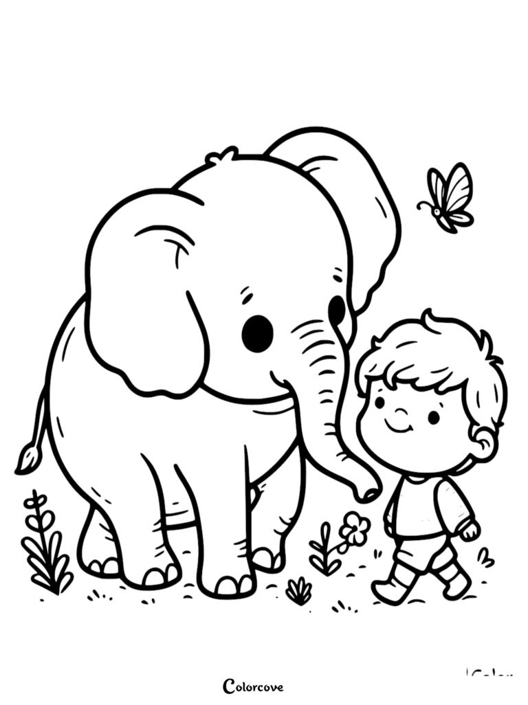 Un Éléphant mignon debout à côté d'un jeune garçon souriant dans une prairie avec un papillon, coloriage au trait.