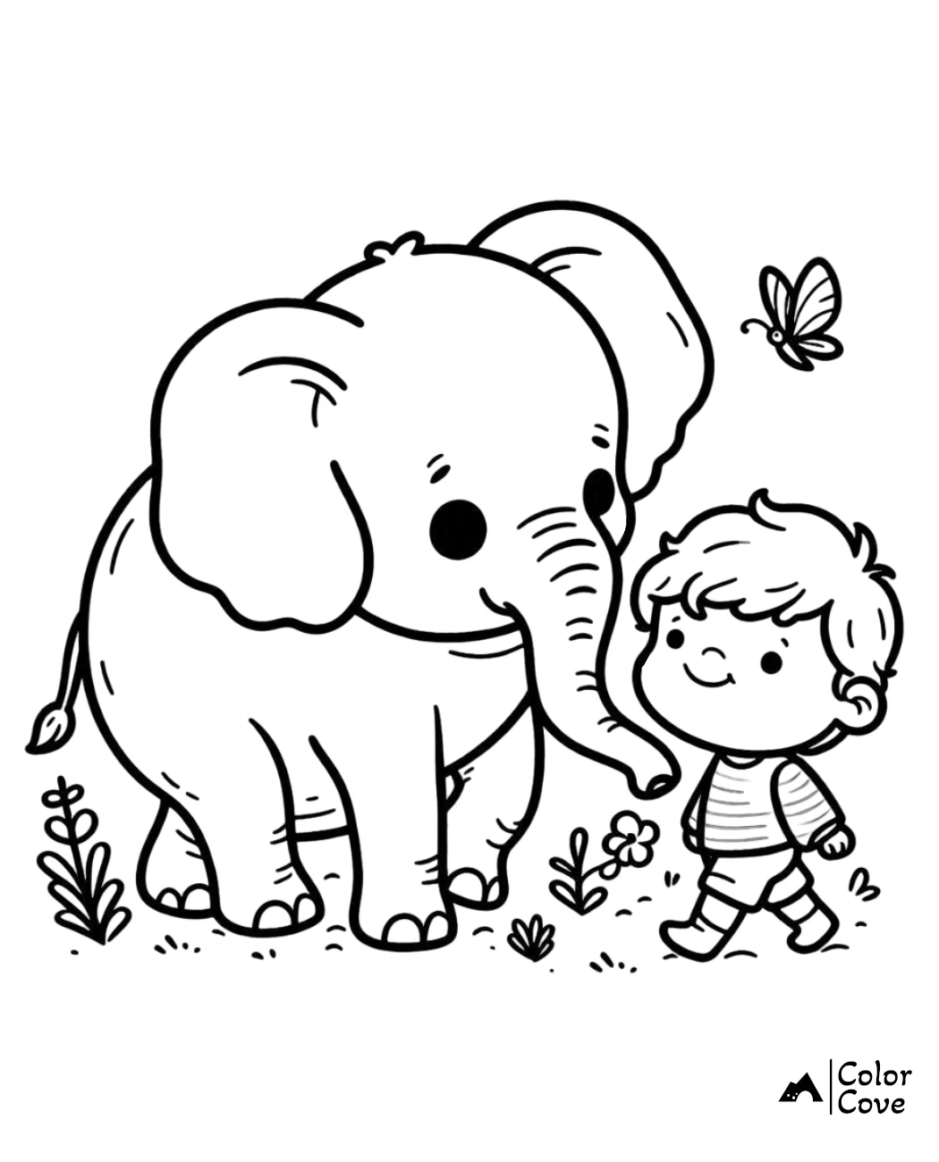 a cartoon of a boy and an elephant