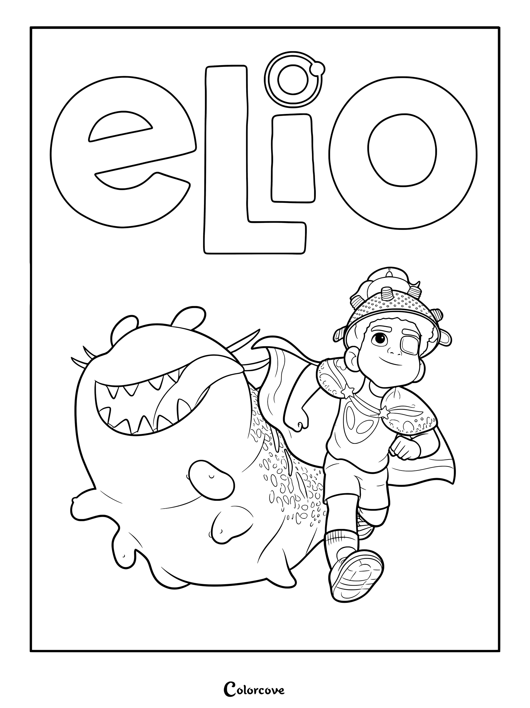 Elio wearing a space helmet and cape running alongside his slug-like alien friend Glordon in this printable coloring page.