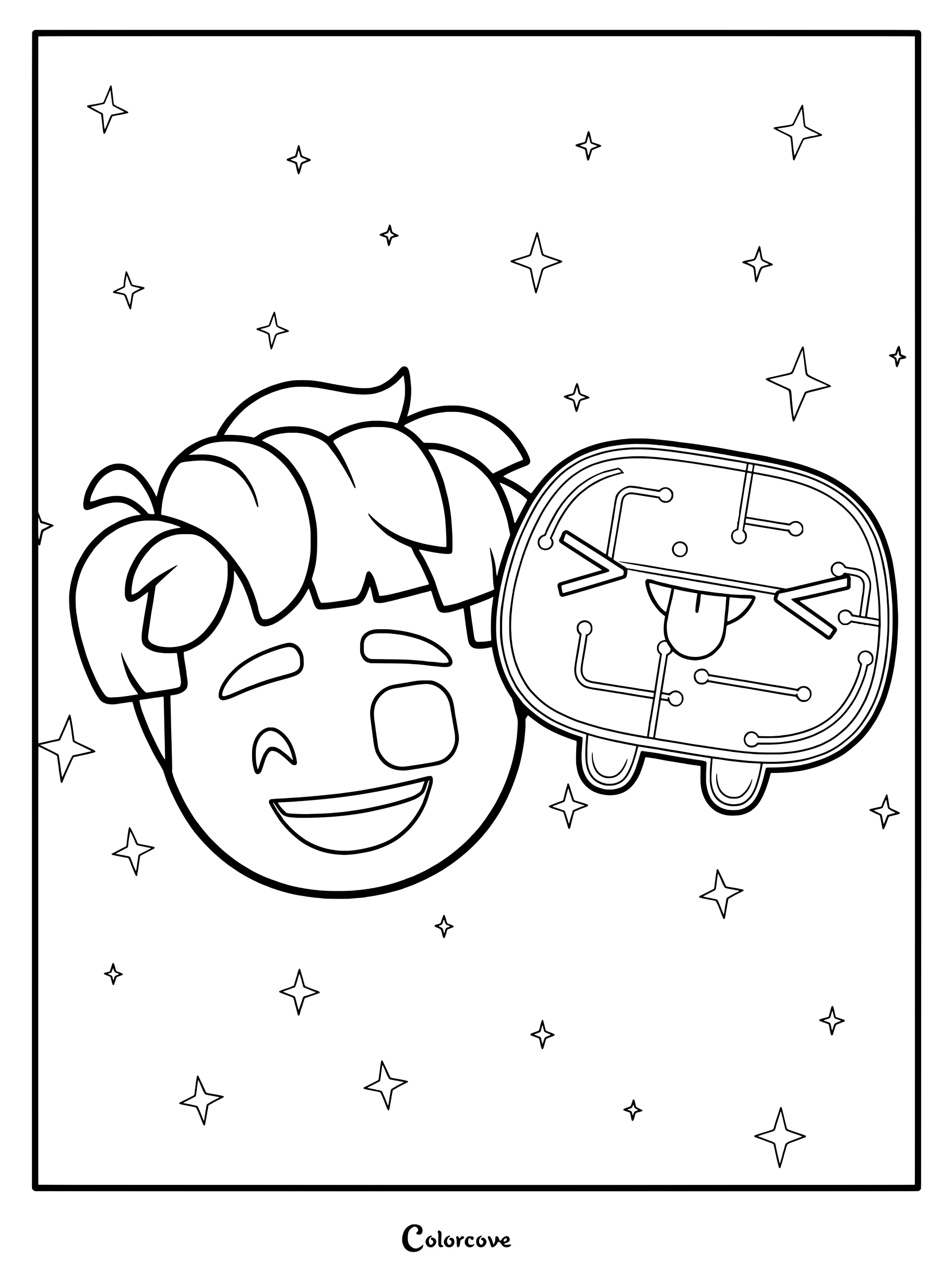 Elio Solís and the liquid supercomputer Ooooo floating among stars in this printable coloring page.