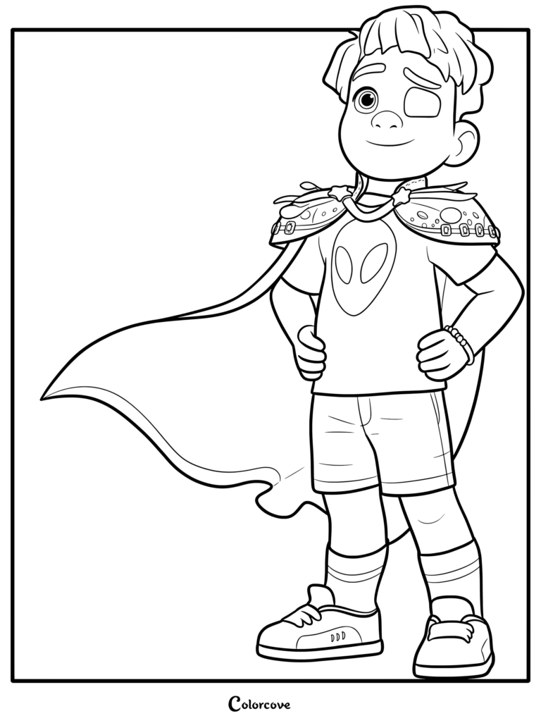 Elio Solís wearing a cape and alien-themed shirt in this printable coloring page.