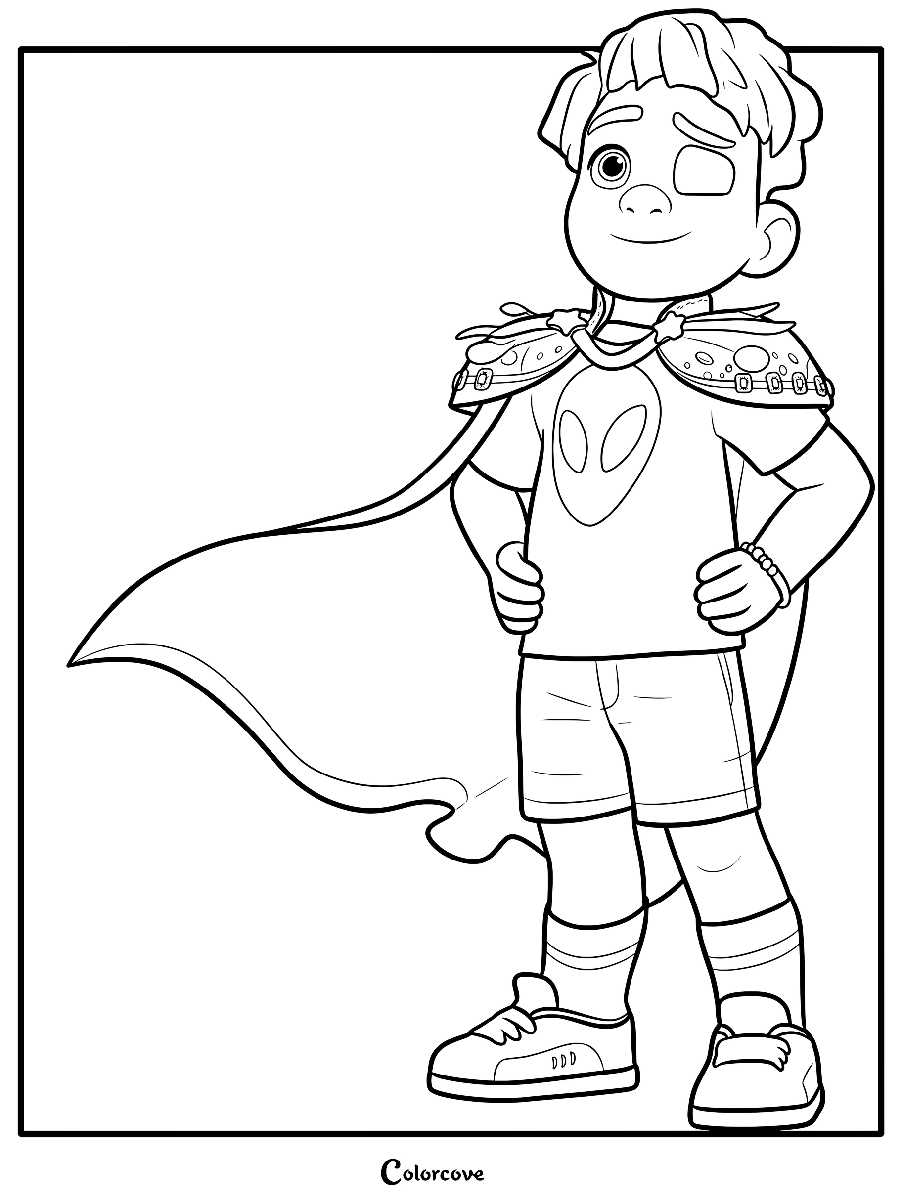 Elio Solís wearing a cape and alien-themed shirt in this printable coloring page.