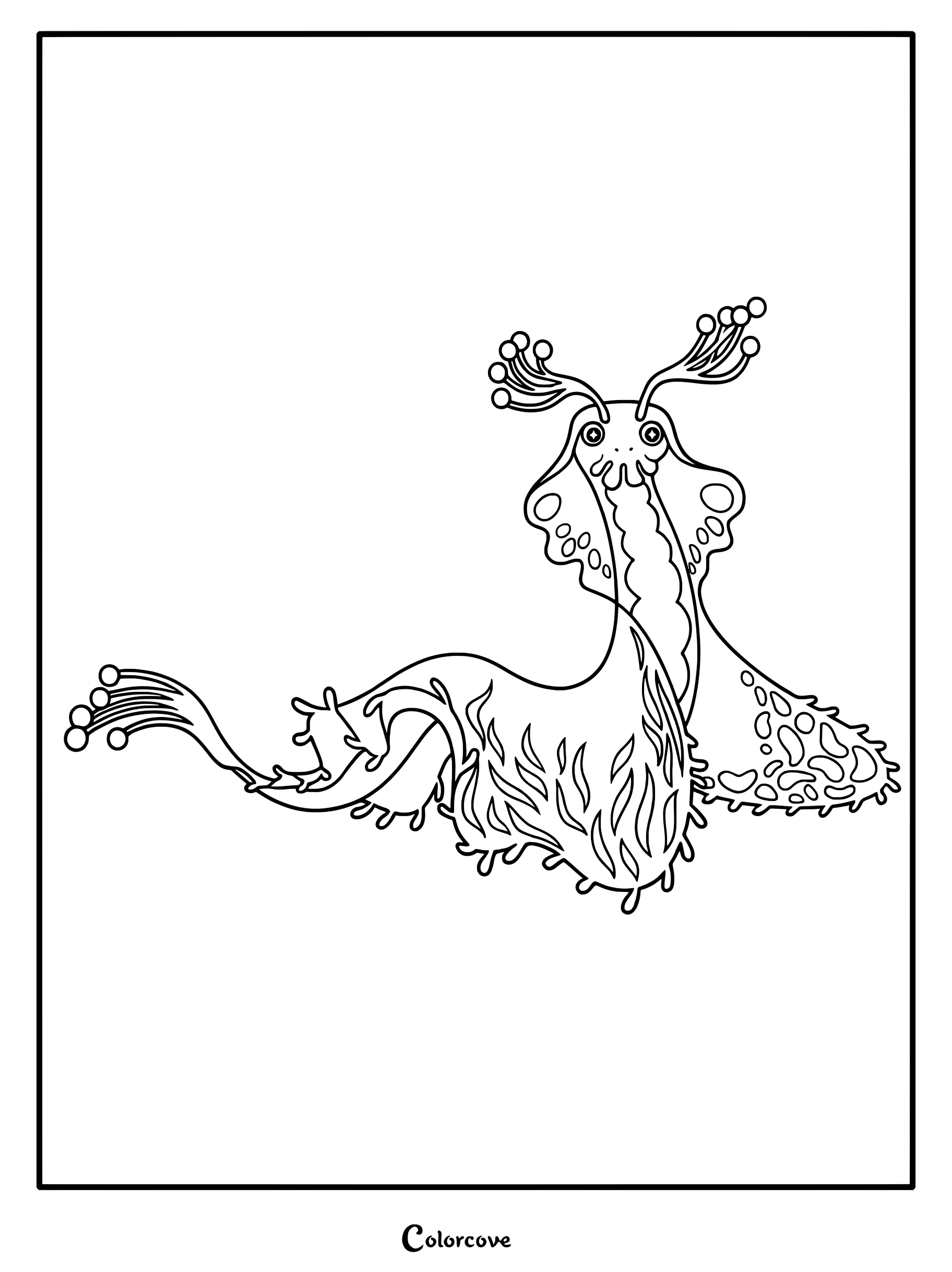 A detailed line art coloring page of Ambassador Questa from Elio, featuring her unique radiodonta-like alien features, long flowing appendages, and intricate patterned skin.