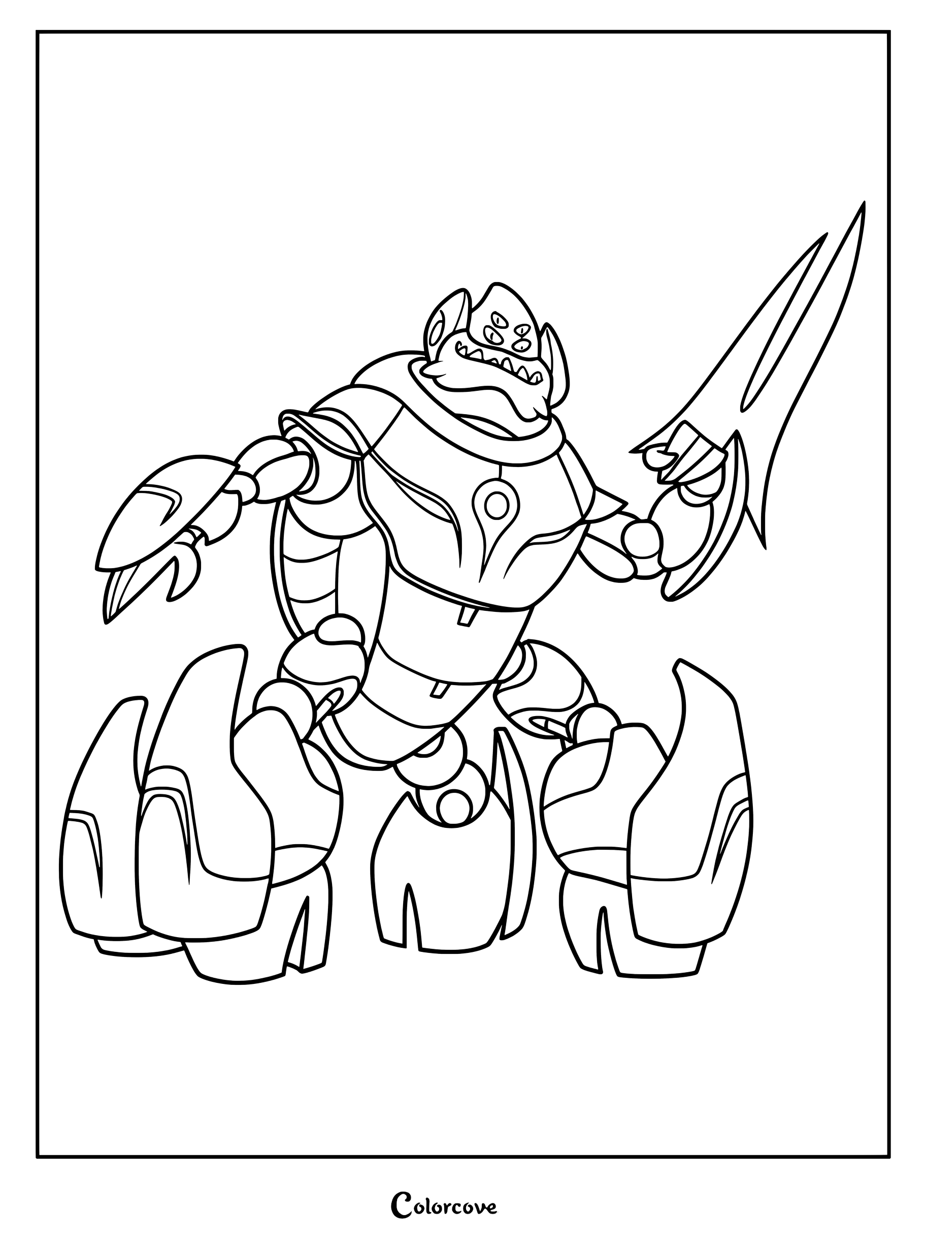 Lord Grigon from Elio in a battle-ready stance holding a sharp blade, featured in a detailed line art coloring page.