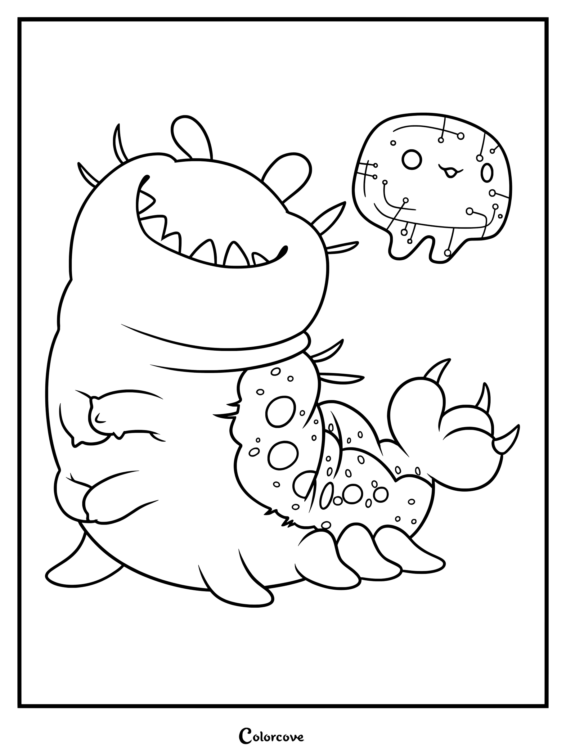 A printable coloring page featuring the slug-like alien Glordon smiling next to the floating liquid supercomputer Ooooo.