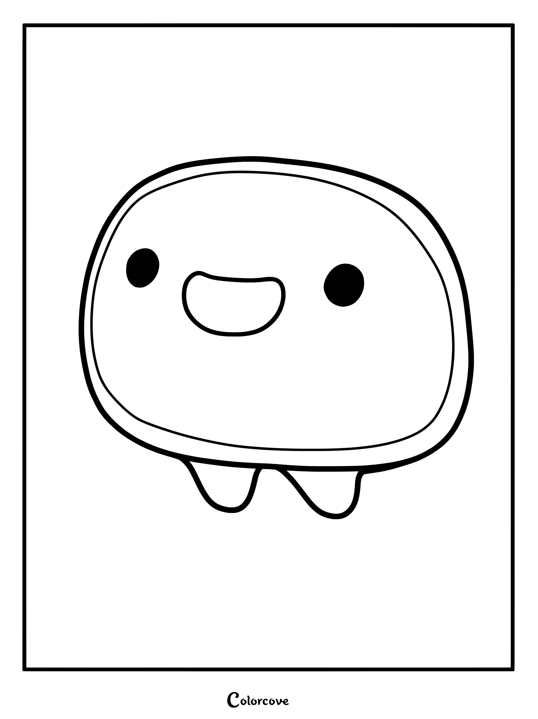 A simple line art coloring page of Ooooo, the liquid supercomputer from Elio, featuring a round, blob-like body with two small eyes and a wide, happy smile.