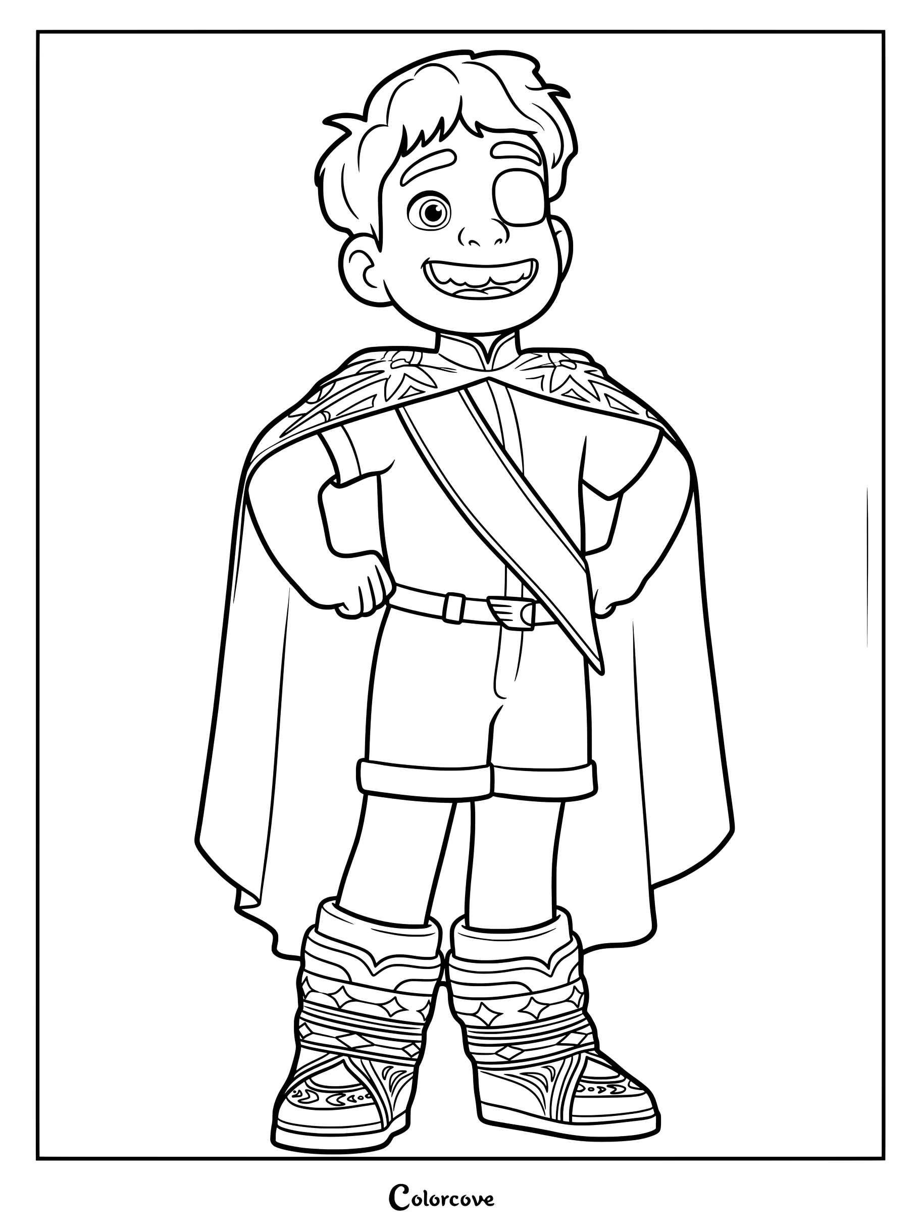 Elio Solis from the Pixar film Elio wearing his green ambassador outfit with a cape and boots in this printable coloring page.